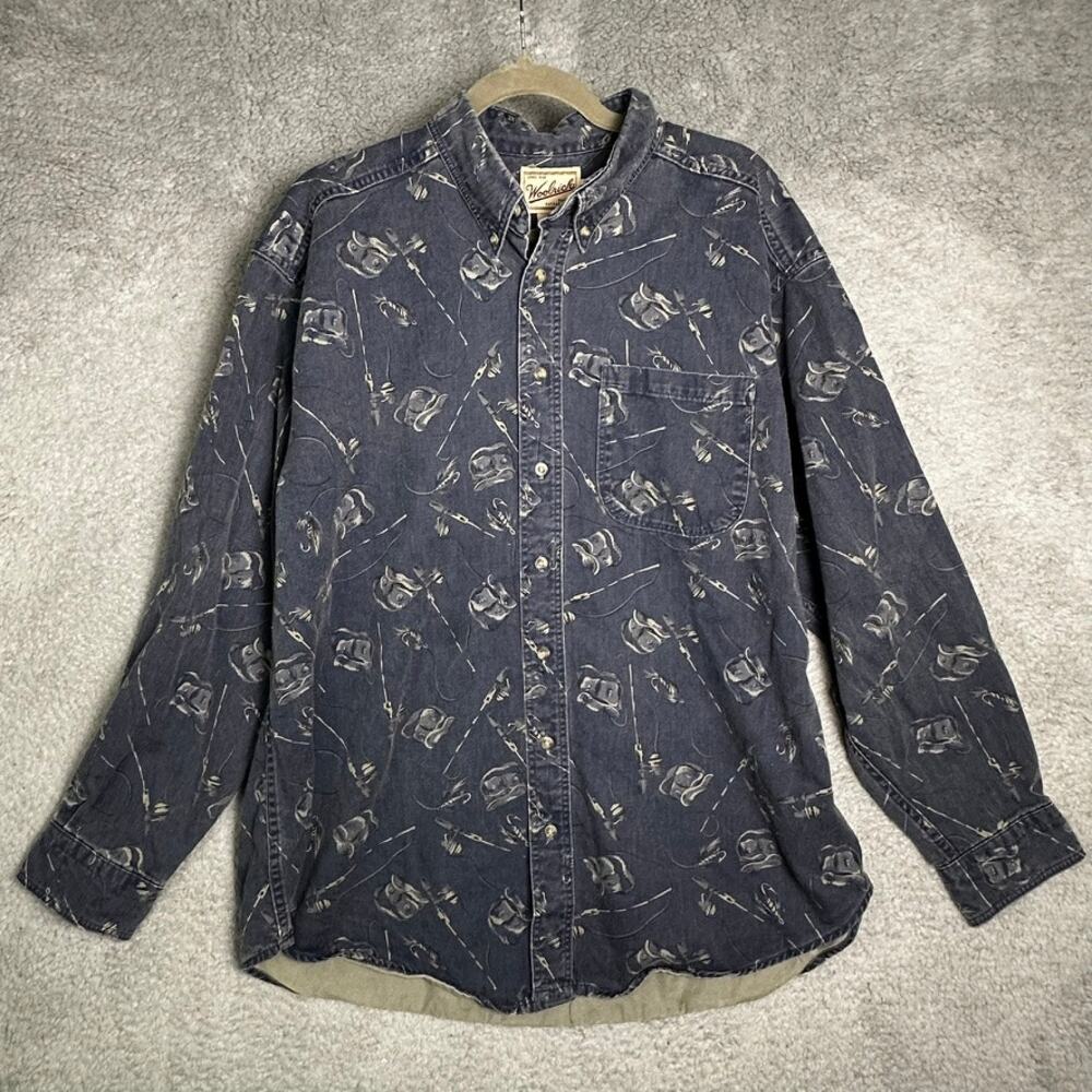 VTG Woolrich Men's XL Blue Button Up Shirt Fishing Design Heavyweight Rugged